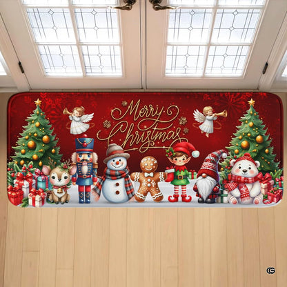 Festive Merry Christmas holiday hallway runner rug with nutcracker, snowman, and holiday friends. (Angle 1) - thumbnail image 1 of 7
