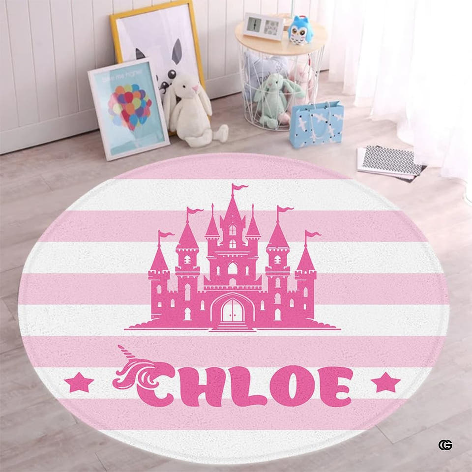 Round pink striped castle rug in a nursery