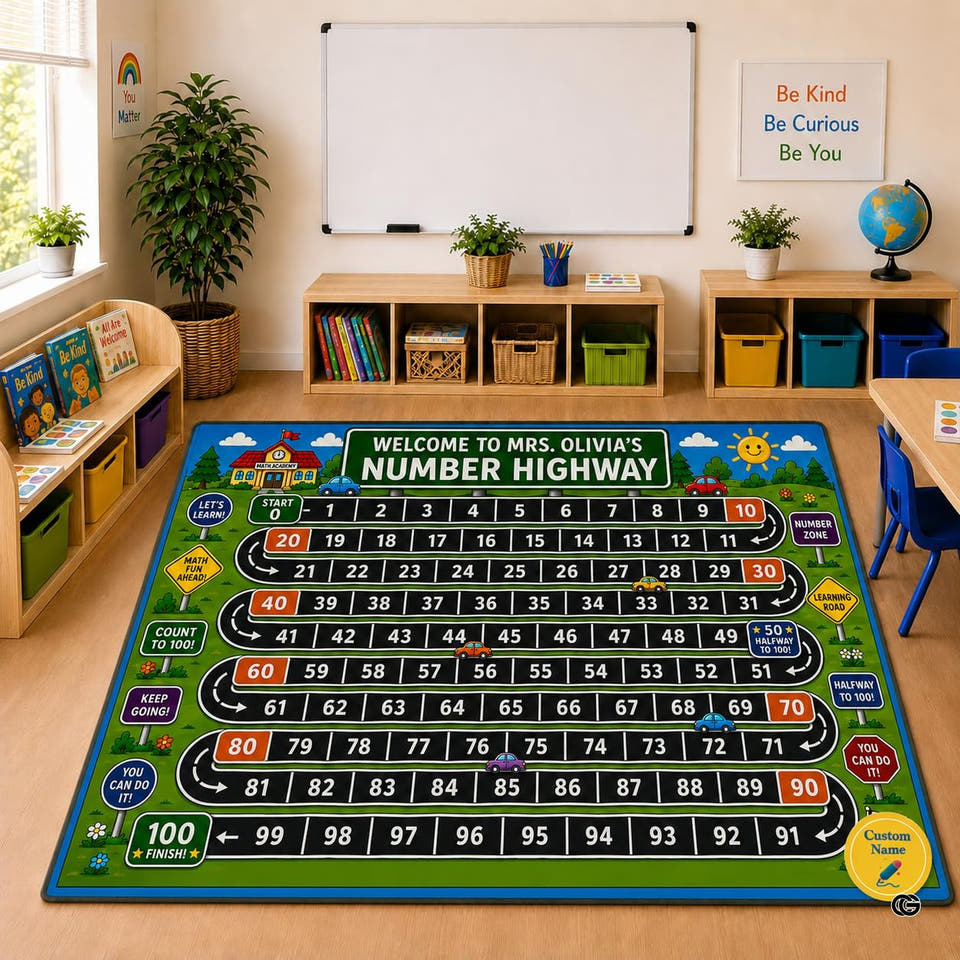 thematic accent grid area rug featuring numbered roadway paths and colorful cars in a bright play thematic accent.