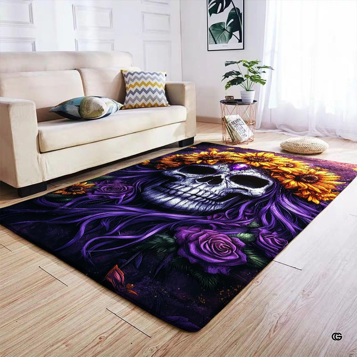 Gothic skull area rug styled on light wood floor in modern living room setting. - image 4 of 7