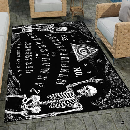 Patio stone seating setting displaying the occult spirit board skeleton area rug - thumbnail image 2 of 8