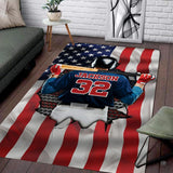 Full overhead view of American flag sports baseball batter area rug with stars and stripes motif.