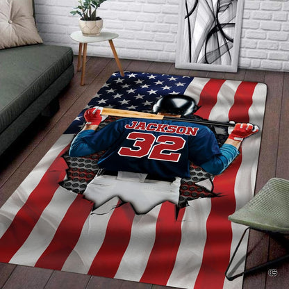 Full overhead view of American flag sports baseball batter area rug with stars and stripes motif. - thumbnail image 1 of 8