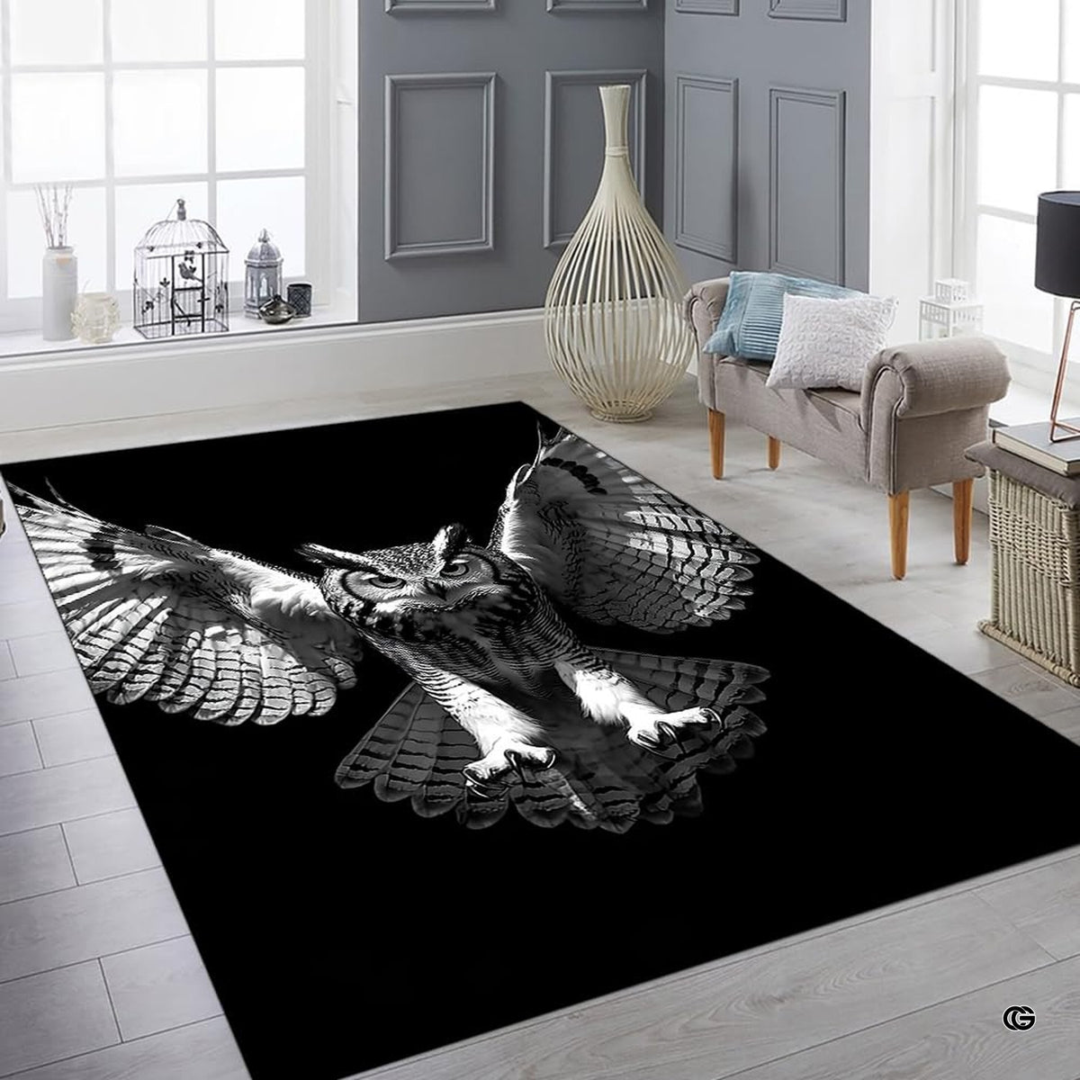 Overhead flat view of rectangular swooping horned owl wildlife area rug
