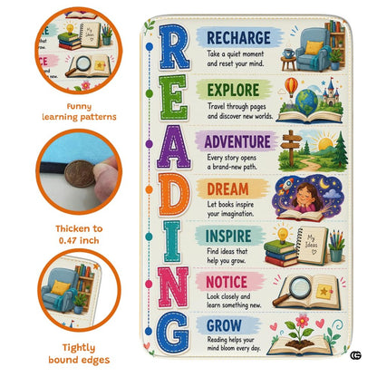 decorative accent acrostic area rug displayed in classroom corner setting with rounded decorative border. - thumbnail image 7 of 7