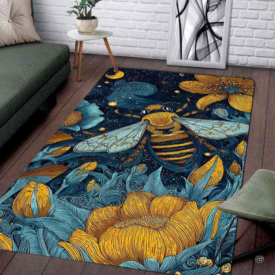 Nocturnal garden bee area rug featuring golden honeybee and floral details on navy blue floor decor.