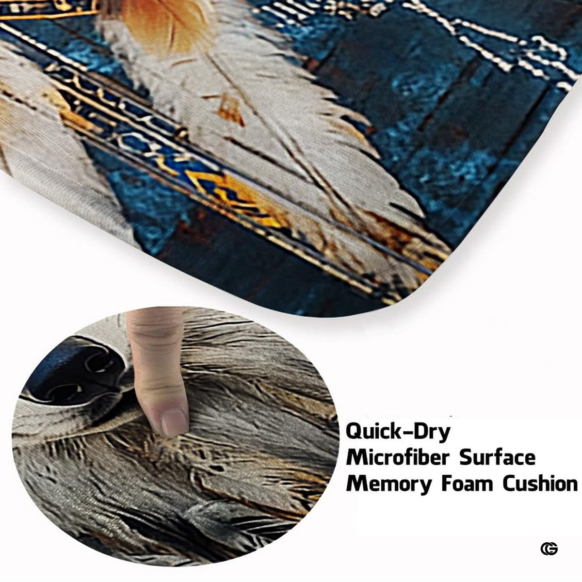 Close-up detail illustrating the white wolf fur textures, dreamcatcher feathers, and microfiber pile