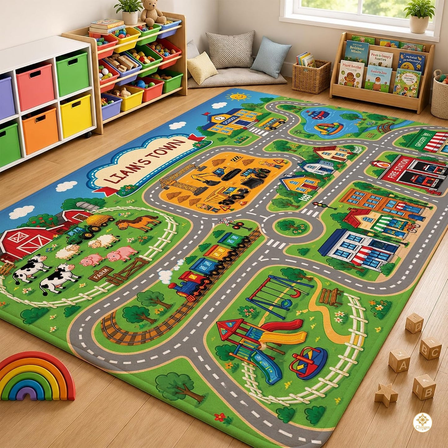 Custom Road Map Welcom Mat for Kids Room and Playroom - Map 9