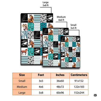 Close-up view of equestrian patchwork rug with running horse graphics, tribal arrows, and zigzag motifs. - thumbnail image 2 of 7