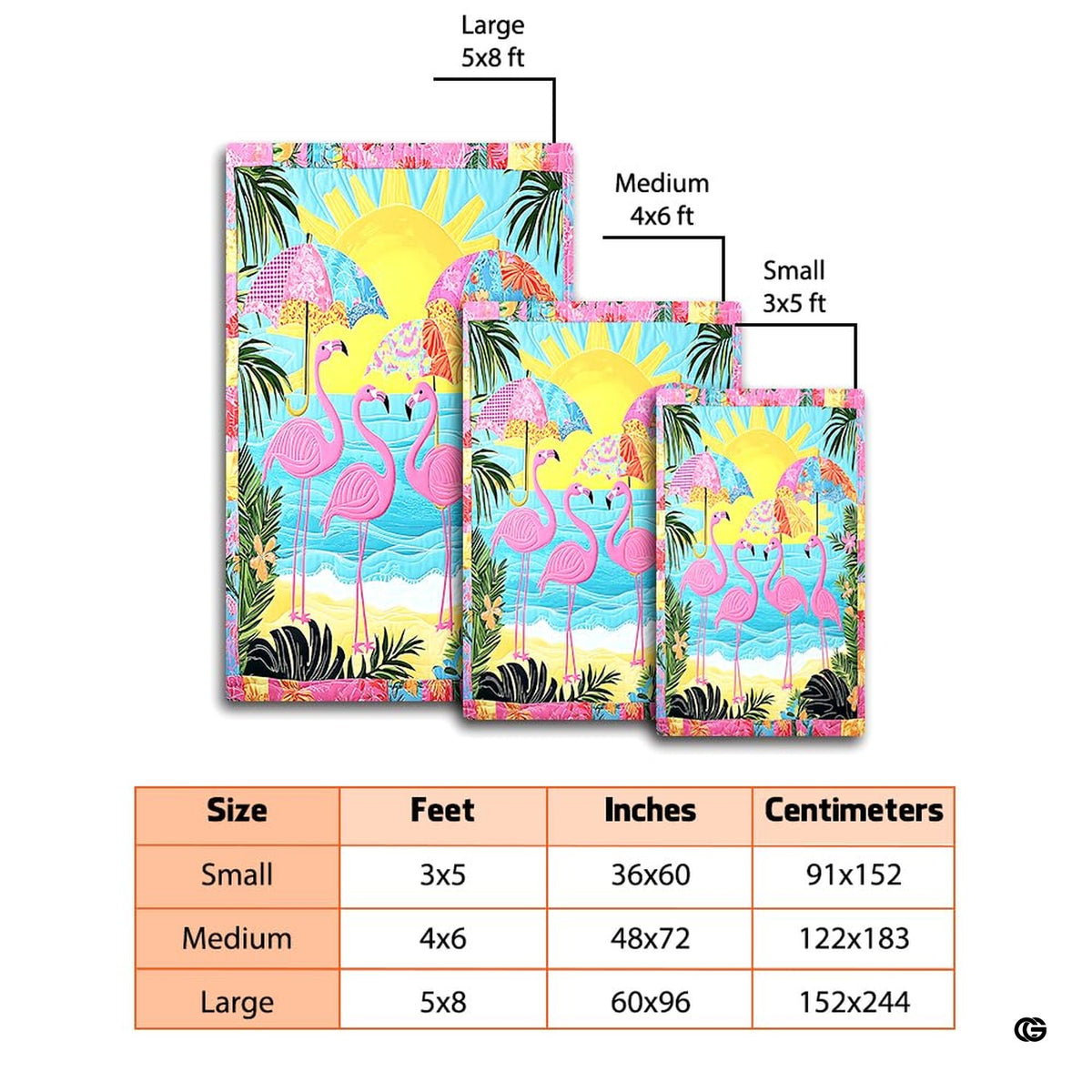 Size dimensions chart illustrating small, medium, and large options for the flamingo beach rug