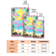 Size dimensions chart illustrating small, medium, and large options for the flamingo beach rug - thumbnail image 2 of 8