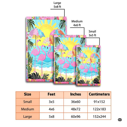 Size dimensions chart illustrating small, medium, and large options for the flamingo beach rug - thumbnail image 2 of 8