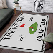 Personalized golf club putting green area rug with golf balls, red flag pin, and man cave simulator room decor. (Angle 3) - thumbnail image 3 of 8
