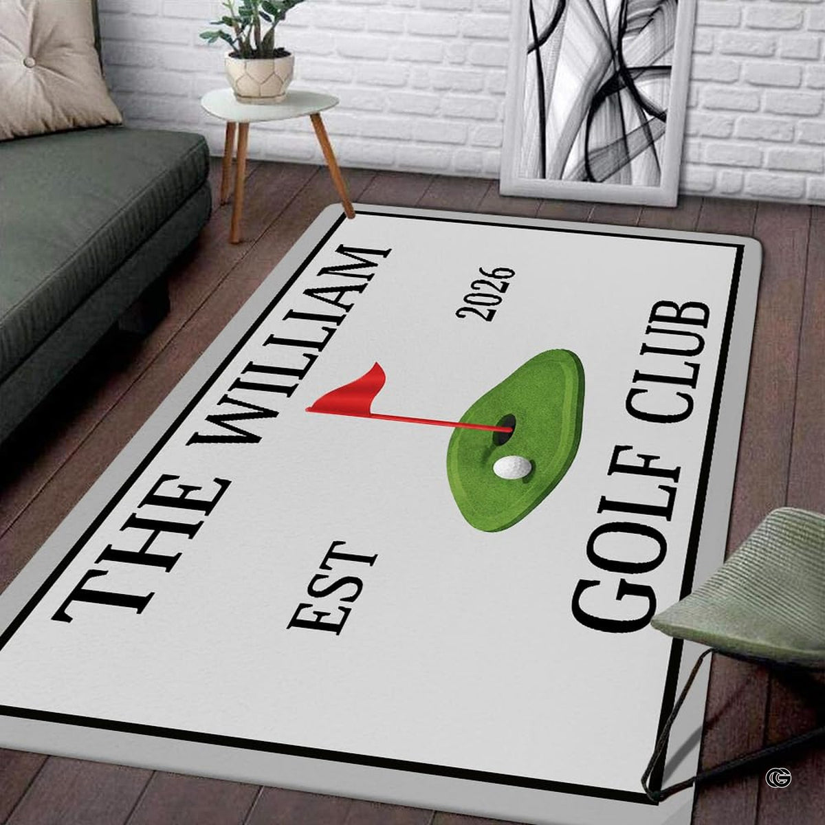 Personalized golf club putting green area rug with golf balls, red flag pin, and man cave simulator room decor. (Angle 3) - image 3 of 8