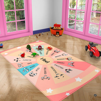 Detailed angle of feelings wheel carpet with pastel turquoise and peach decorative sections. - thumbnail image 3 of 9