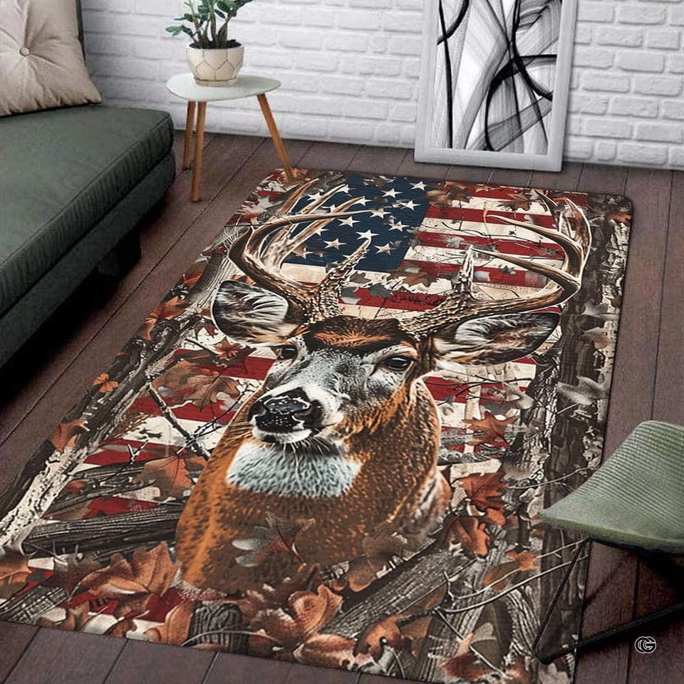 Whitetail buck portrait with rustic American flag on hunting camo area rug.