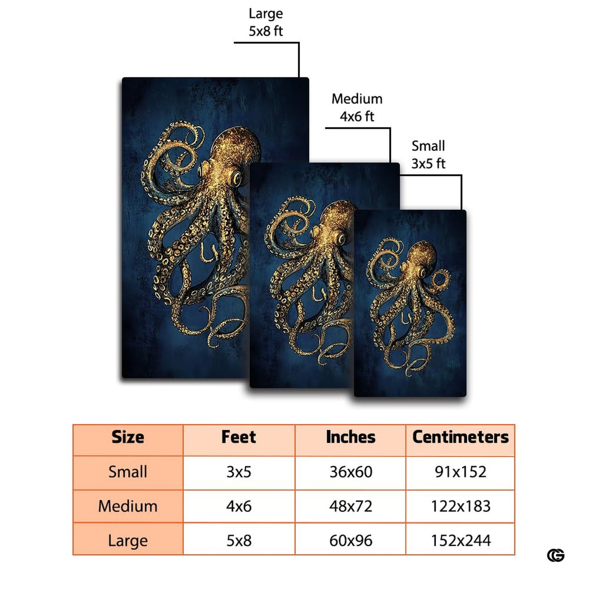 Dimensions and sizing options chart for vintage nautical gold octopus living room area rug
