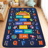 Space decorative accent area rug featuring colorful alphabet border, rocket, planets, and stars on navy blue background.