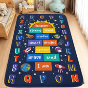 Space decorative accent area rug featuring colorful alphabet border, rocket, planets, and stars on navy blue background. - thumbnail image 1 of 9