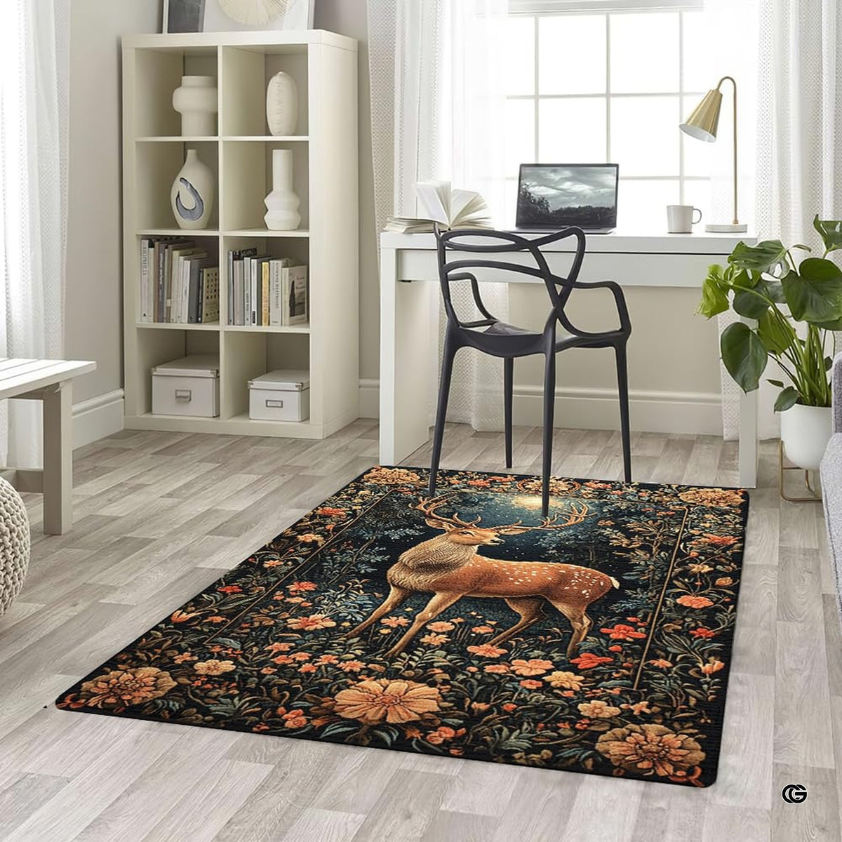 Woodland deer rug displayed under ambient lighting accentuating golden floral highlights and midnight hues.