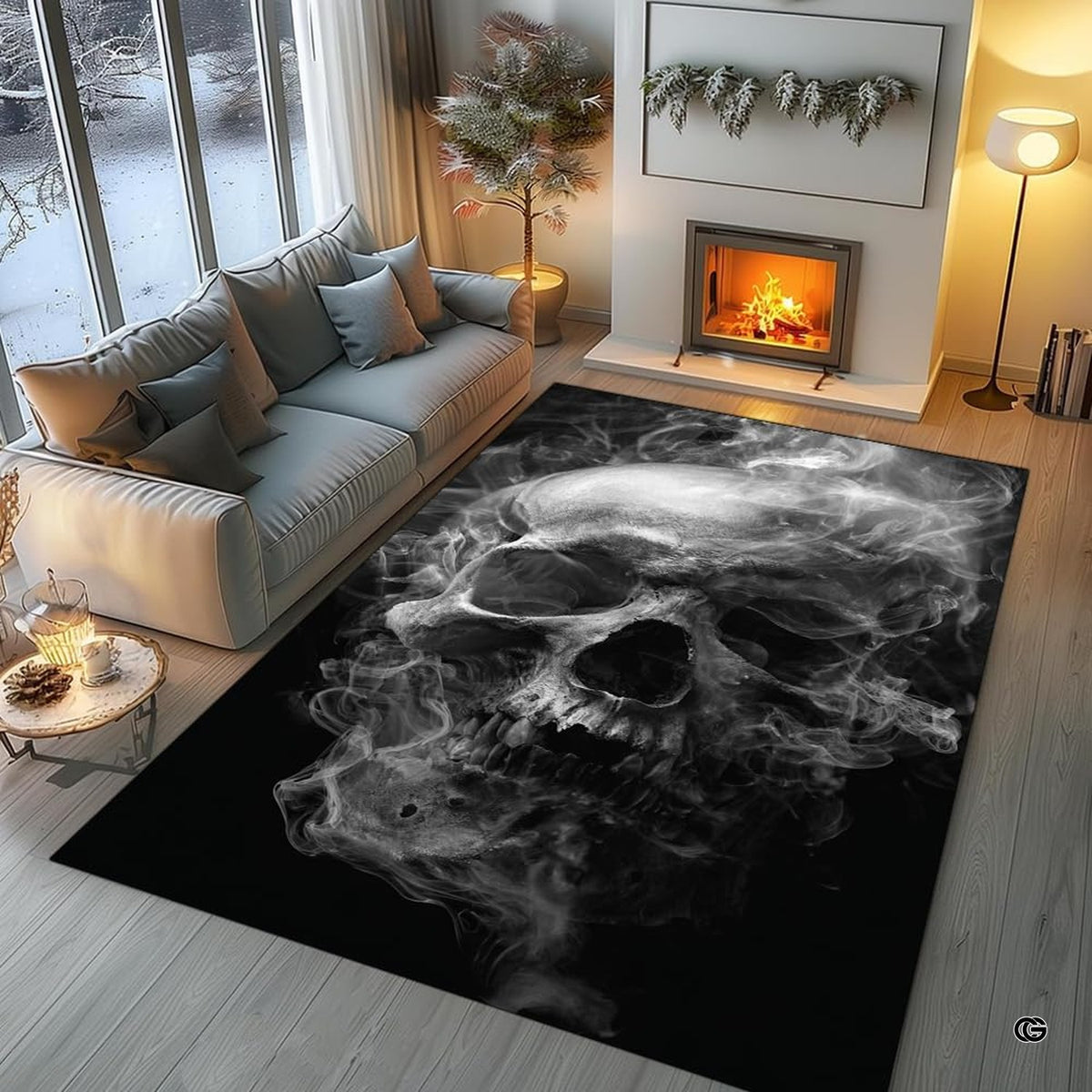 Living room fireplace scene displaying the dramatic area rug with a giant human skull emerging from billowing white smoke