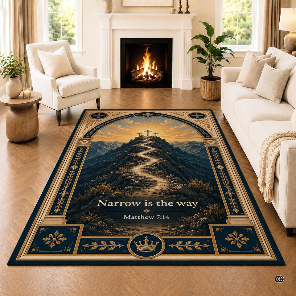 Devotional area rug featuring a winding mountain trail and crosses on a wood floor