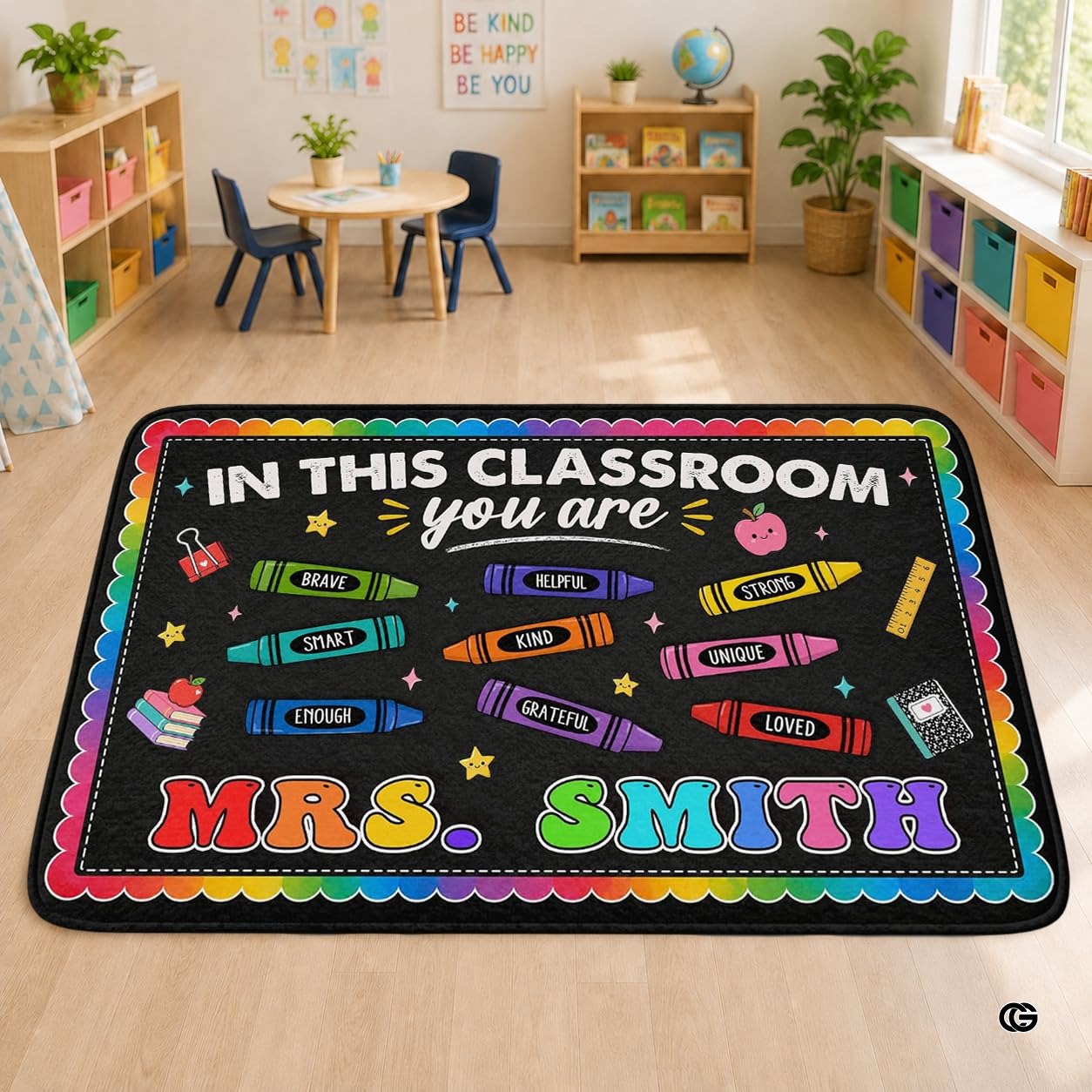 Personalized Teacher Classroom Rug, Custom Back to School Welcome Mat with Name, Kindergarten Preschool Elementary Decor, Composition Notebook Carpet (A01)