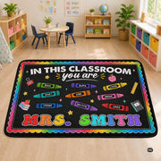 Personalized Teacher Classroom Rug, Custom Back to School Welcome Mat with Name, Kindergarten Preschool Elementary Decor, Composition Notebook Carpet (A01)