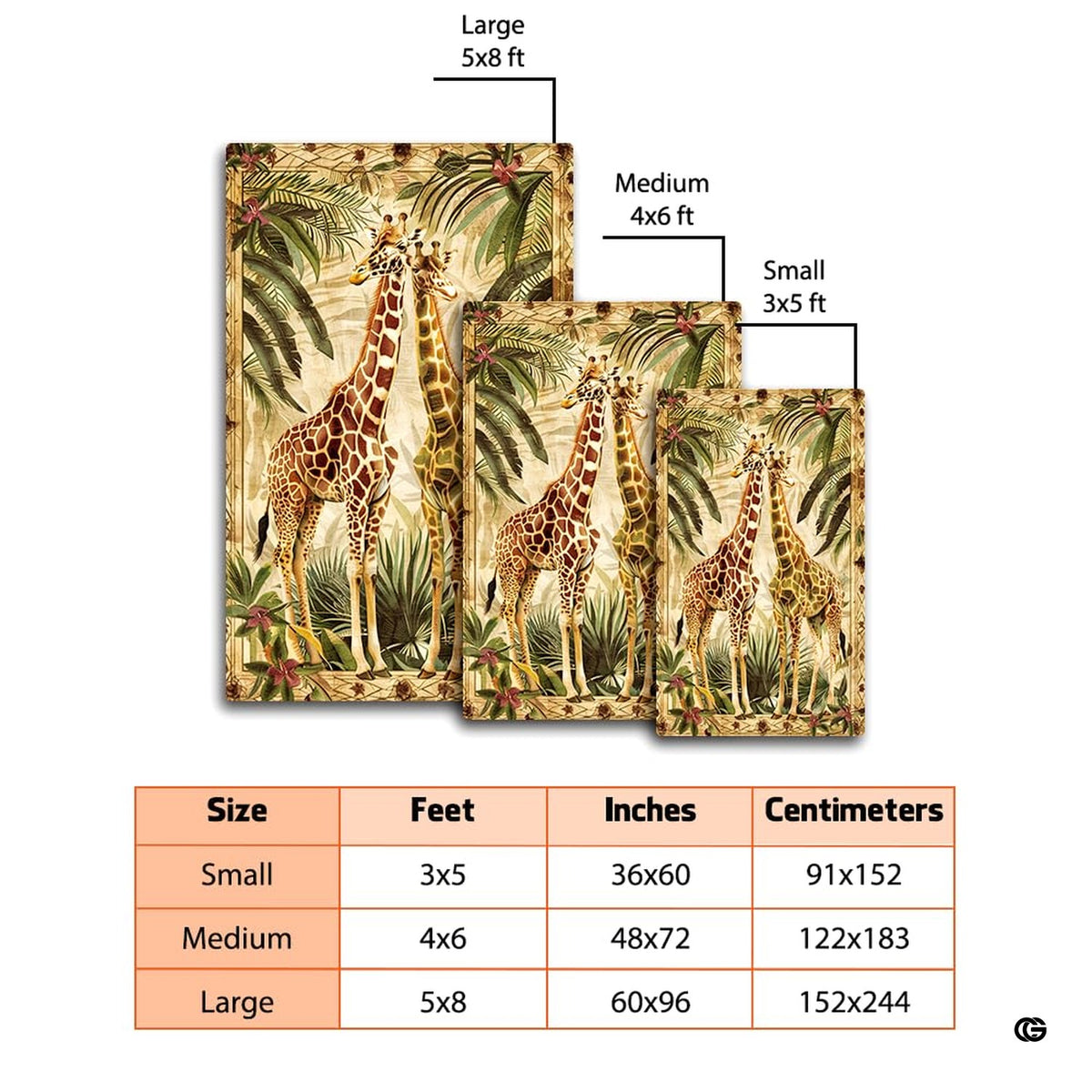 Overhead full product layout showing the two giraffes and tropical palm frame