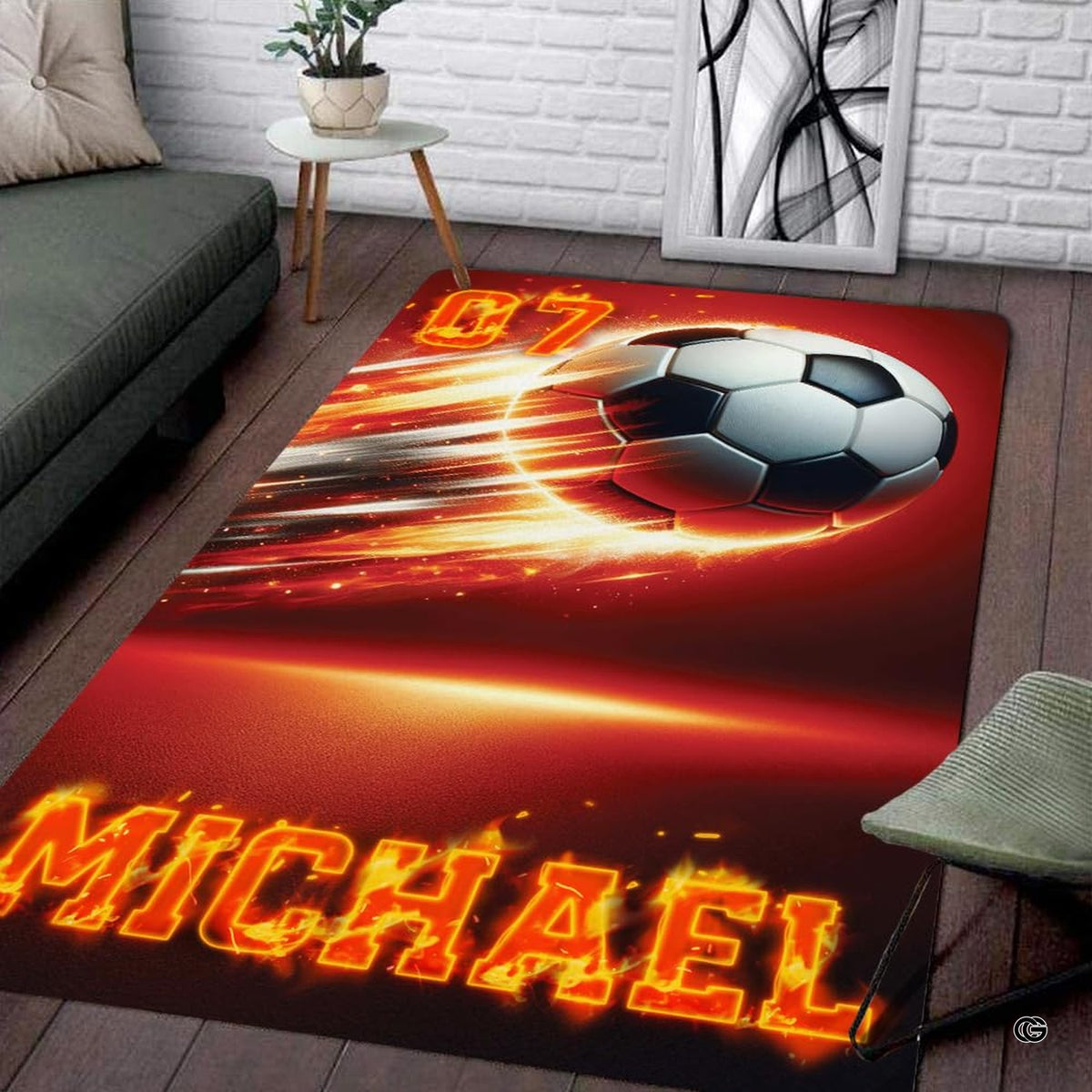 Flaming soccer ball sports area rug placed in contemporary bedroom interior - image 7 of 8