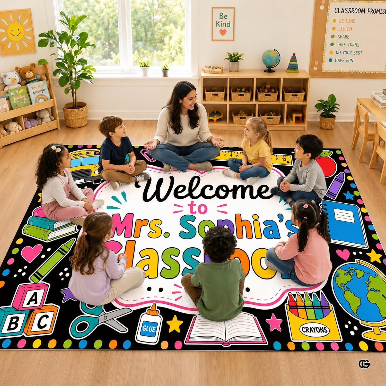 Personalized Teacher Classroom Rug, Custom Back to School Welcome Mat with Name, Kindergarten Preschool Elementary Decor, Composition Notebook Carpet (A07)