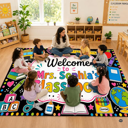 Personalized Teacher Classroom Rug, Custom Back to School Welcome Mat with Name, Kindergarten Preschool Elementary Decor, Composition Notebook Carpet (A07)