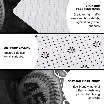 Infographic showing the non-skid dot backing and edge stitching of the baseball rug - thumbnail image 4 of 7