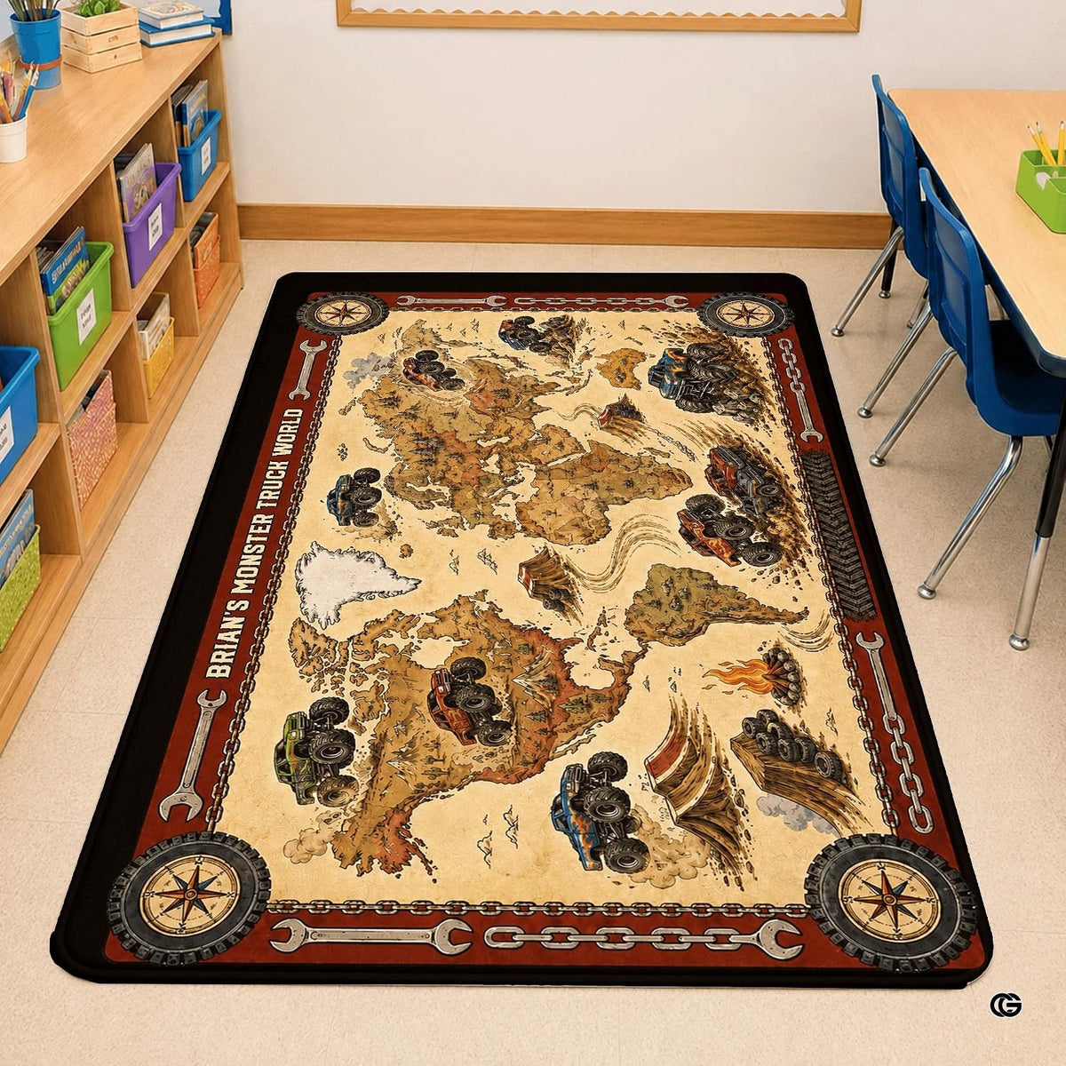 Overhead layout displaying vibrant continents, trucks, and tire track pathways.