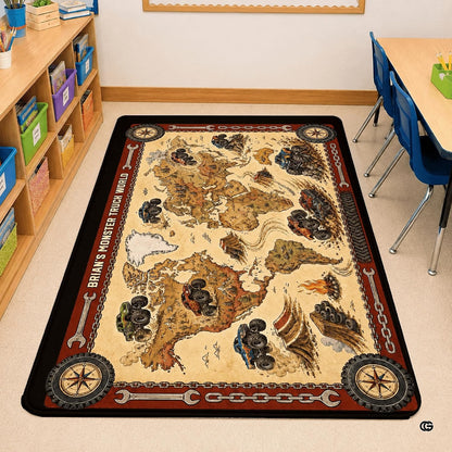 Overhead layout displaying vibrant continents, trucks, and tire track pathways. - thumbnail image 7 of 8