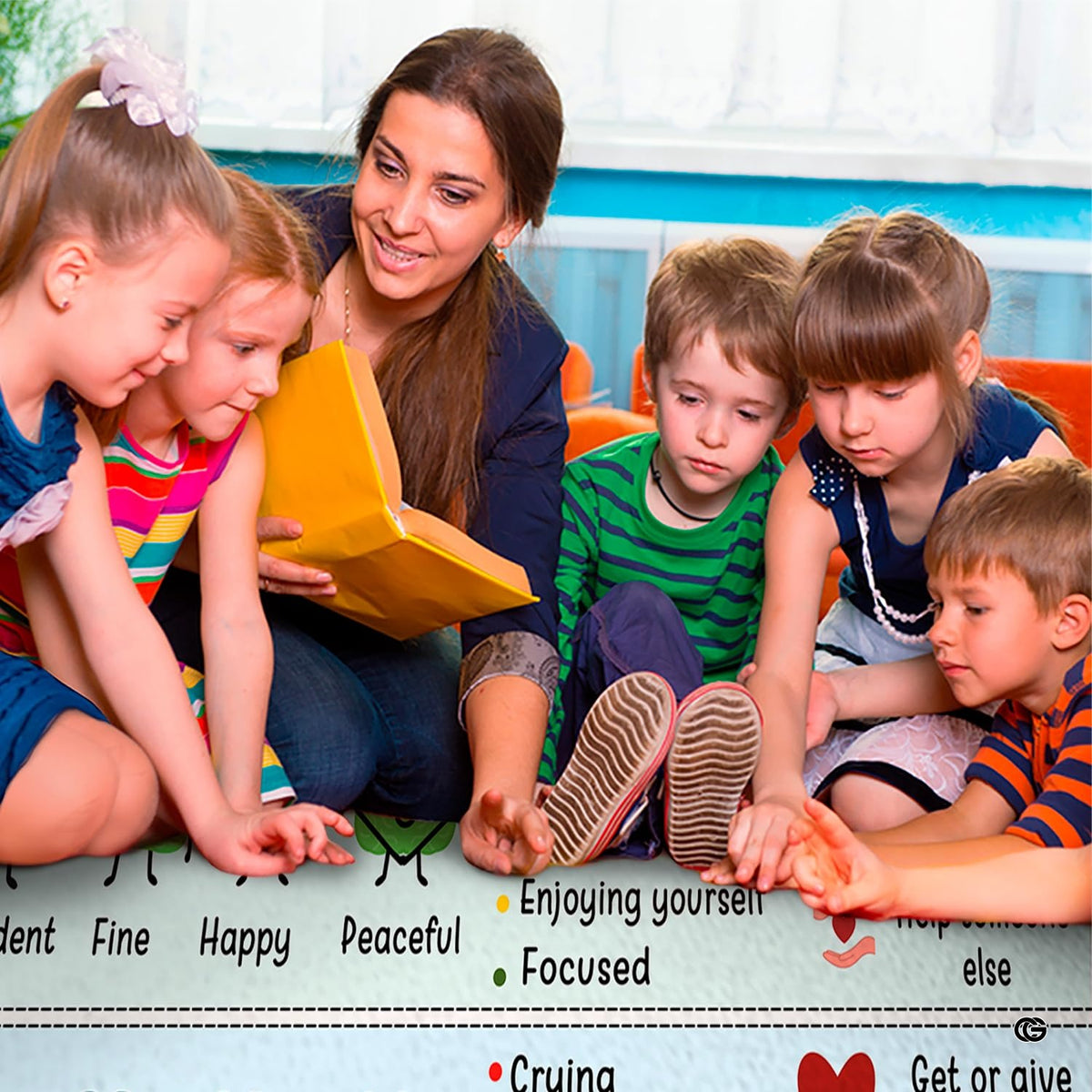 Counseling room setup displaying the emotion color zones educational rug near wooden cabinets