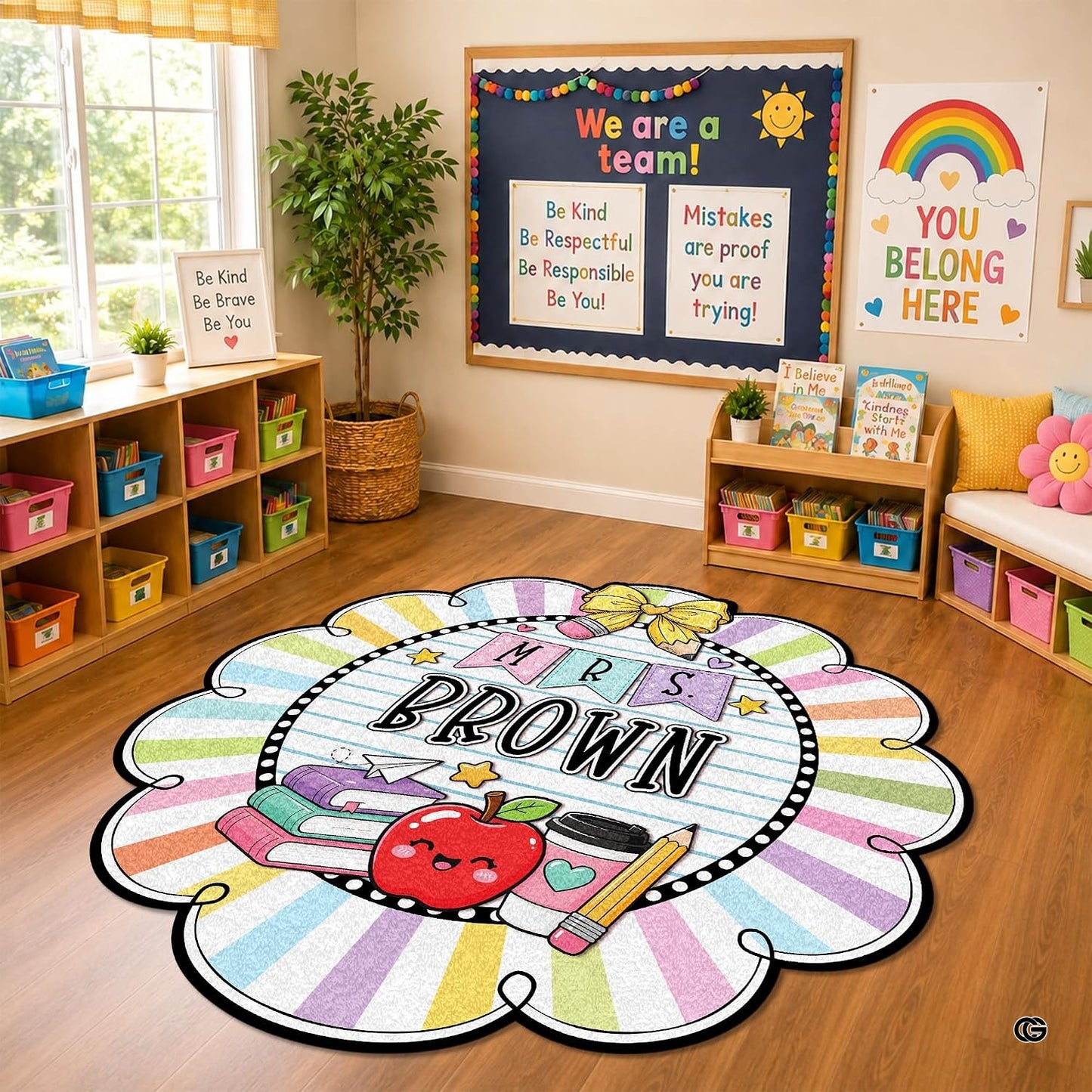 Personalized Composition Notebook Classroom Shaped Rugs for Kids (A02) | Custom Pennant Flag Carpet for Reading Corner, Non-Slip Apple Shape Rug Mat, Classroom Decor, Back To School Gift
