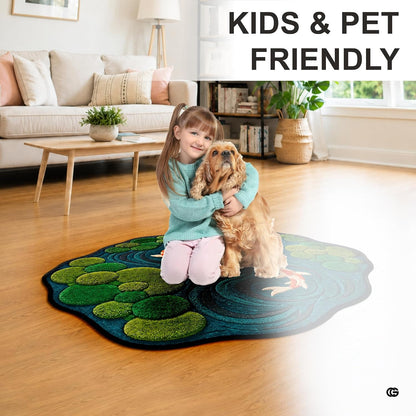 Custom Japanese Koi Fish Shaped Area Rug, Personalized 3D Optical Illusion Koi Pond Lotus Non Slip Washable Shaped Floor Mat, Fish Pond Rugs for Bedroom Living Room Decor (1, D8)