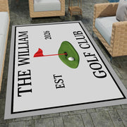Personalized golf club putting green area rug with golf balls, red flag pin, and man cave simulator room decor. (Angle 2) - thumbnail image 2 of 8