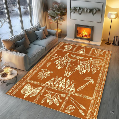 Overhead layout view of the rectangular southwestern bull skull tribal boho area rug - thumbnail image 7 of 7