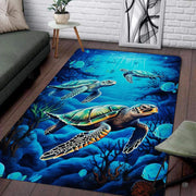 Living room floor setting featuring the swimming sea turtles deep ocean coral reef coastal area rug - thumbnail image 1 of 7