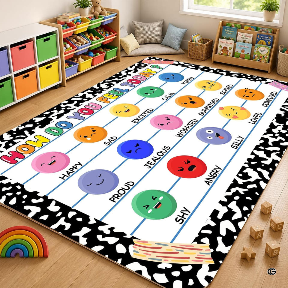 Classroom area rug with emotion faces on colored circles and speckled border.