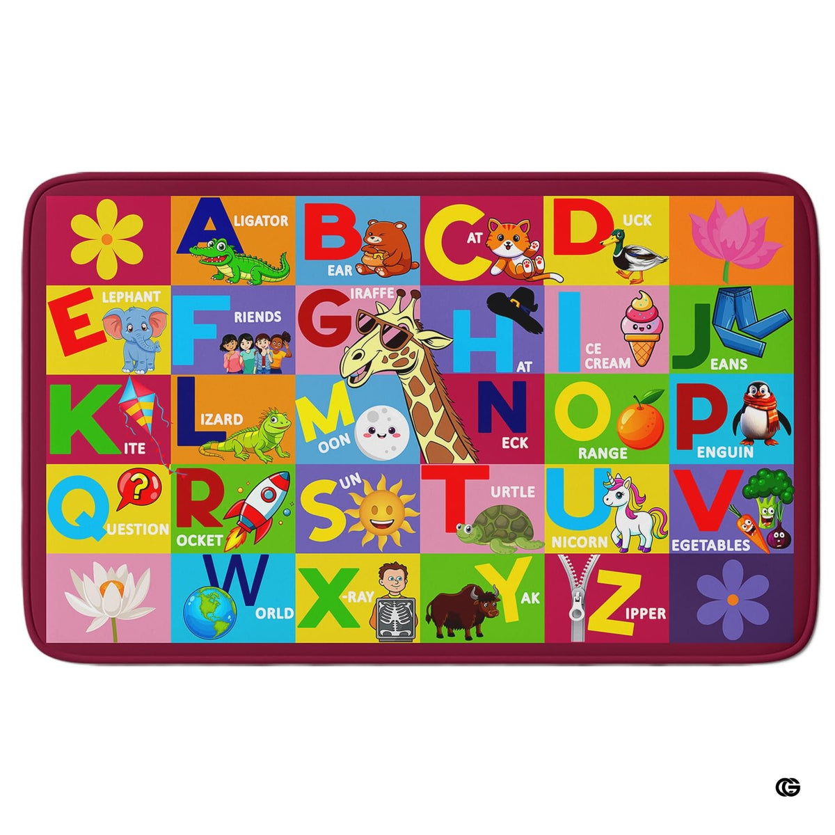 Detailed view of alphabet learning rug showing vivid red and blue letter tiles featuring playful animals.