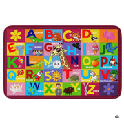 Detailed view of alphabet learning rug showing vivid red and blue letter tiles featuring playful animals. - thumbnail image 2 of 9