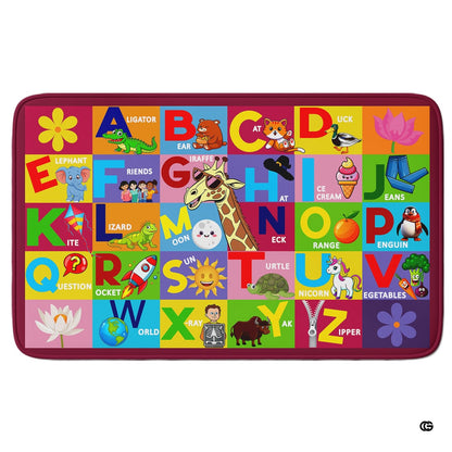 Detailed view of alphabet learning rug showing vivid red and blue letter tiles featuring playful animals. - thumbnail image 2 of 9