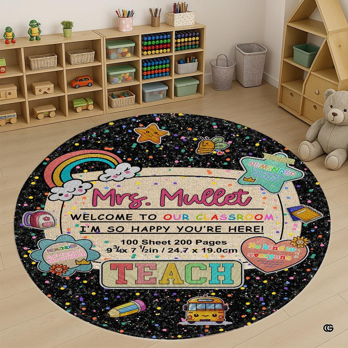 Classroom motif round floor area rug with confetti dots, yellow bus, and rainbow artwork. - image 1 of 7