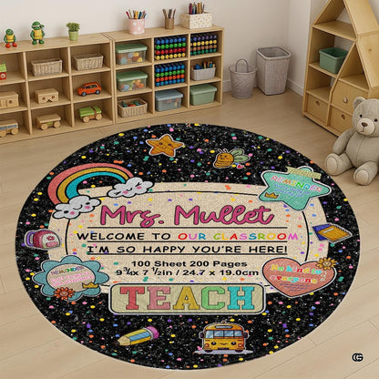 Classroom motif round floor area rug with confetti dots, yellow bus, and rainbow artwork. - thumbnail image 1 of 7