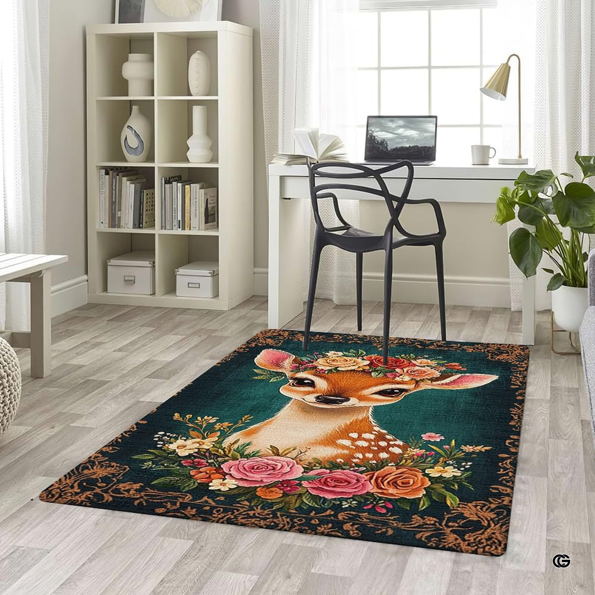 Overhead layout view of the rectangular floral crown baby deer fawn area rug
