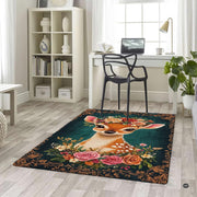 Overhead layout view of the rectangular floral crown baby deer fawn area rug - thumbnail image 5 of 5