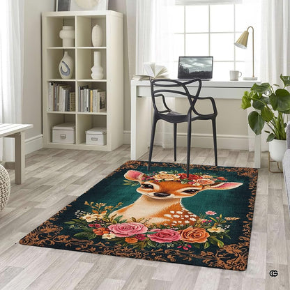 Overhead layout view of the rectangular floral crown baby deer fawn area rug - thumbnail image 5 of 5